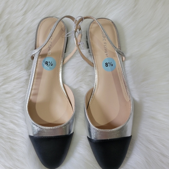 Marc Fisher Silver and Black Women's Slingback Flats - Picture 2 of 9